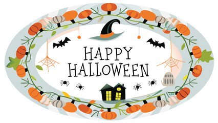 Happy halloween text with pumpkins, bats, spiders and haunted house in a decorative oval frame design