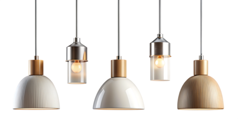 set of minimalist hanging lamps isolated on white background, png, ai generated.	