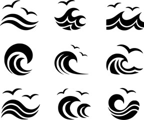 Black stylized ocean waves with flying birds water