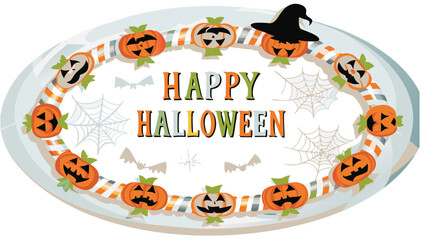 Happy halloween message with pumpkins, bats, spiderwebs and a witch hat in a decorative border