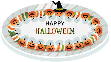 Happy halloween oval platter with pumpkins, candies, spiders and a witch hat decoration around it