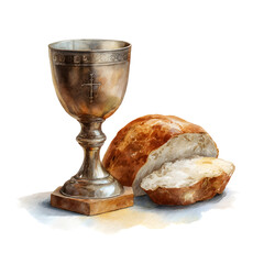 Watercolor Communion Still Life: Chalice and Bread for Religious Ceremony - Artistic Illustration 