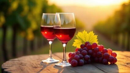 Two Wine Glasses with Red Wine and Grapes on Wooden Table Vineyard Sunset