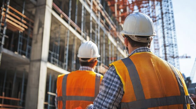 Two construction workers in hard hats and safety vests, standing in front of a high-rise building under construction.