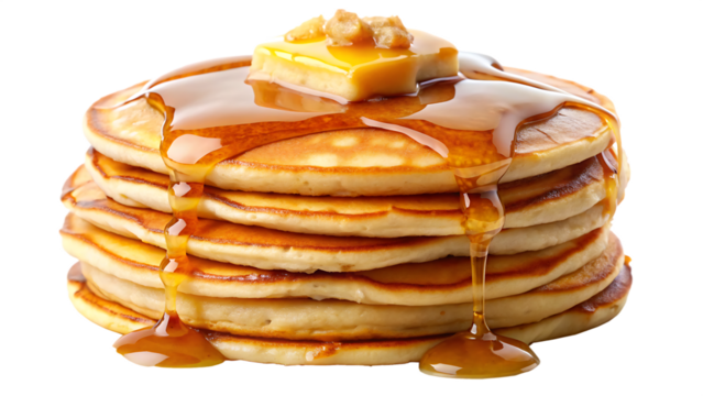 tasty pile of fluffy pancakes covered in butter isolated on white background, png, ai generated.	