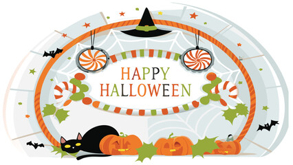 A festive halloween decoration with pumpkins, a black cat, and happy halloween message in the center