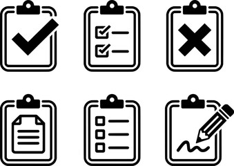Clipboard icons with checkmark cross document and pencil checklist