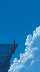 Lone figure standing on a cliff edge overlooking a sea of clouds