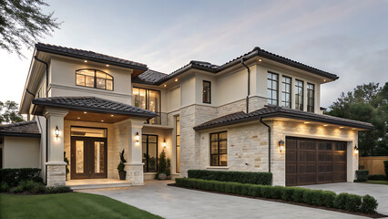 Fototapeta premium A luxurious house with stone accents and manicured landscaping stands elegantly under a cloudy sky, showcasing refined architecture