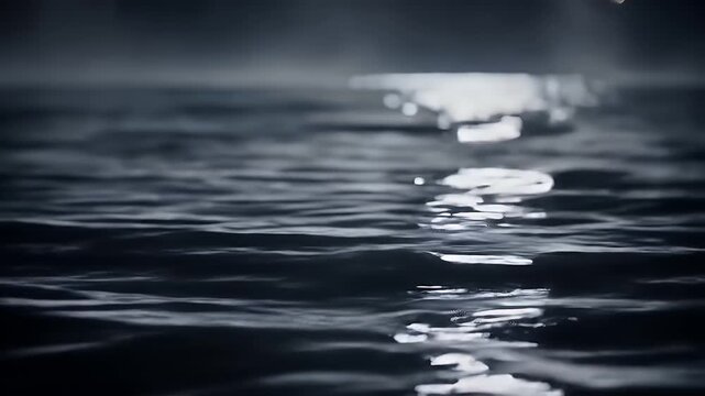 Dark water ripples slowly at night with a bright moon reflection shimmering on the surface creating a peaceful and serene atmosphere
