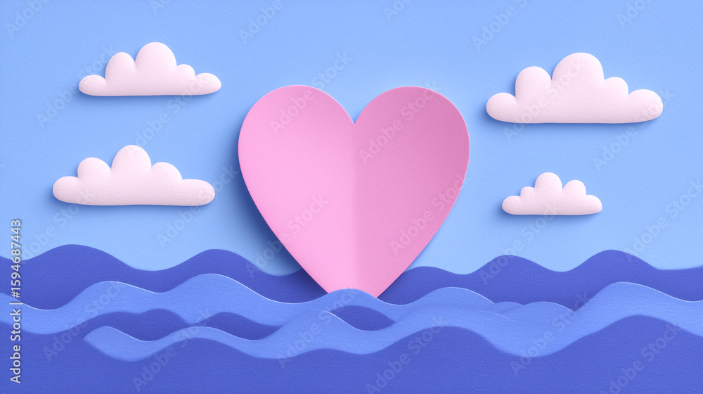 Poster heart shape floating above rolling waves surrounded by fluffy clouds. vibrant blue background create