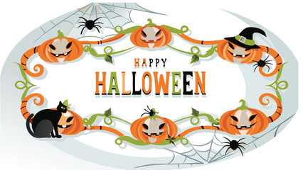 Happy halloween design with pumpkins, spiders, cat, and web forming a decorative border around text