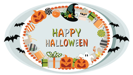 A festive happy halloween oval frame with pumpkins, bats, candy and gifts illustration