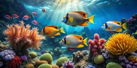 Naklejka premium Vibrant Underwater Scene Showcasing Diverse Coral Reef Inhabitants and Sunlit Ocean Depths