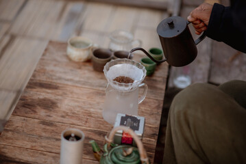 Drip coffee with a cold morning atmosphere