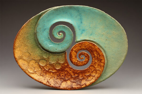 Ceramic plate spiral smooth milliliter root arranged green brown decorative handmade Earthy green and brown smooth ceramic plate with spiral root design arranged harmonious pattern perfect