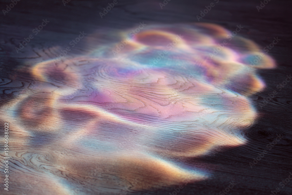 Poster smooth ripple of colorful light reflects across dark wood floor, creating dreamy abstract pattern wi