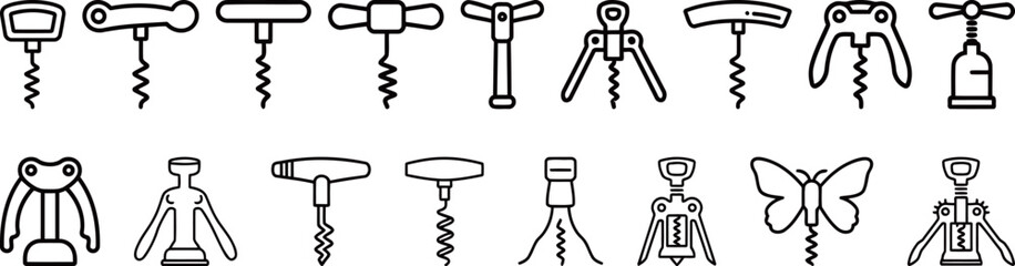 Set of Black and White Corkscrew Icons for Wine Graphics