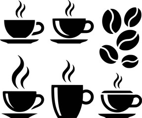 Hot coffee cups and beans steam