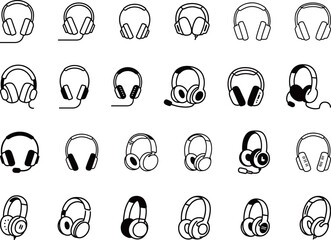 Set of Black and White Headphone Icons for Audio Graphics