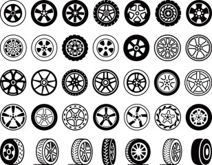Set of Black and White Car Wheel Icons for Automotive Graphics