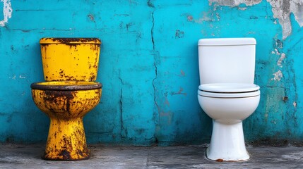 Old rusty yellow and new white toilets against a turquoise wall.