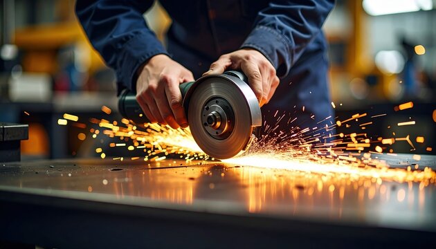 Close up of a worker's hands operating an angle grinder producing bright orange sparks during metalwork