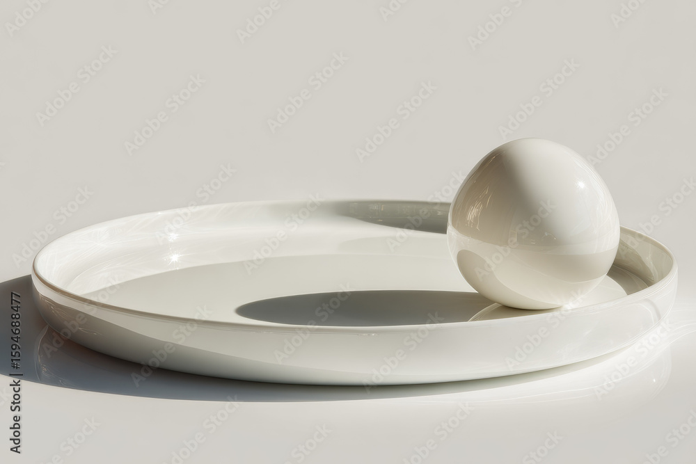 Poster smooth white tray with round object casting soft shadow, minimalistic style, clean background, moder