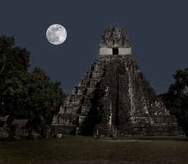 Temple 1 or jaguar moon at night in tikal guatemala.