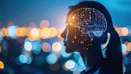 Side profile of a woman's head with an illuminated digital brain circuit pattern set against vibrant bokeh lights