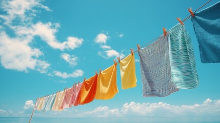 Colorful clothes hanging on line under clear blue sky with clouds and sunlight, concept of freshness