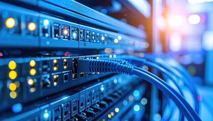 Detailed view of networking switches and routers with blue Ethernet cables connected and bright LED indicators
