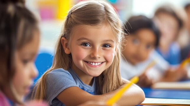 A young girl smiling in a classroom with other children.