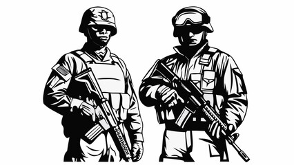 Soldiers and armed individuals stand holding rifles and swords, prepared for war and protection