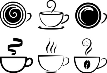 Various coffee cup designs with steam and coffee bean cups beverage
