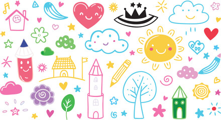 Cute colorful doodle icons set with hearts clouds sun house trees flowers and decorative elements vector illustration background
