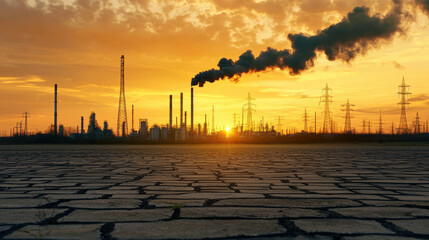Industrial landscape with smokestacks, sunset, pollution, energy production, power lines, environmental impact, and urban