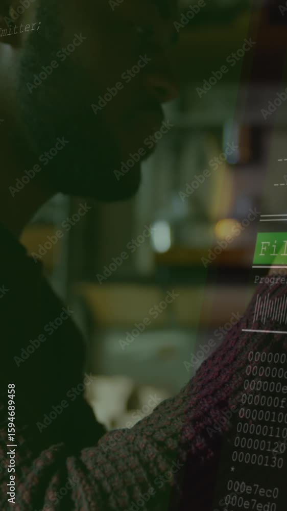 Poster animation of data processing over african american man using smartphone