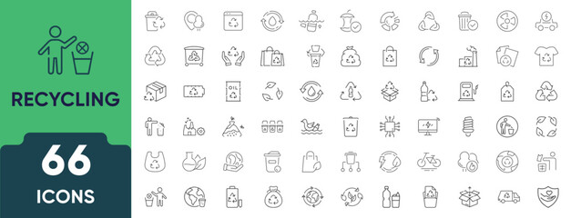 Recycling and Waste Line Icon Set. Set of 66 outline icons including trash separation, garbage disposal, waste sorting, bins, eco, and sustainability. Editable stroke. Linear vector illustration.