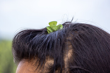 Close-up of a woman's black hair styled with a green plastic claw clip. This essential hair...