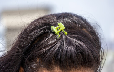 Woman with elegant black hair secured by a stylish green plastic claw clip. This essential hair...