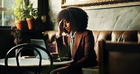 Woman, headache and laptop with remote work at cafe, stress and frustrated for mistake with 404...