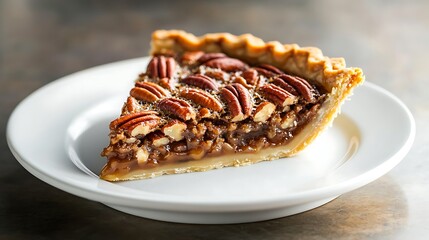 A slice of pecan pie served on a white plate, featuring a golden crust and caramel filling.