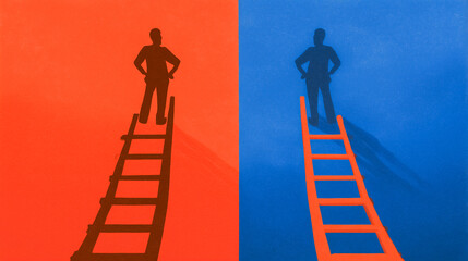 Individual stands on ladder creating shadows in vibrant red and blue backgrounds. Abstract artistic representation of choices and perspectives. Concept of personal growth, decision-making, creativity