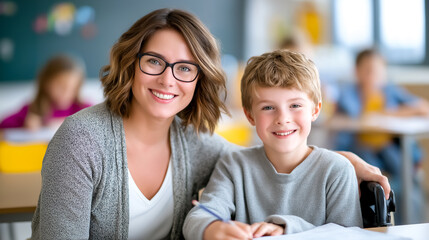 Woman with glasses smiles while sitting beside young boy in classroom. Bright space filled with educational materials and engaged students in background