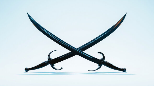 Two ornate swords crossed in an artistic display against a clean white background. This artwork captures themes of strength and conflict. Concept of design, decor, martial arts