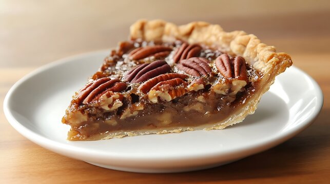 A slice of pecan pie served on a white plate - Powered by Adobe