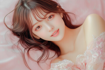 若い女性が笑顔でピンク色の生地の背景にセクシーなポーズで寝転んでいるライフスタイル素材