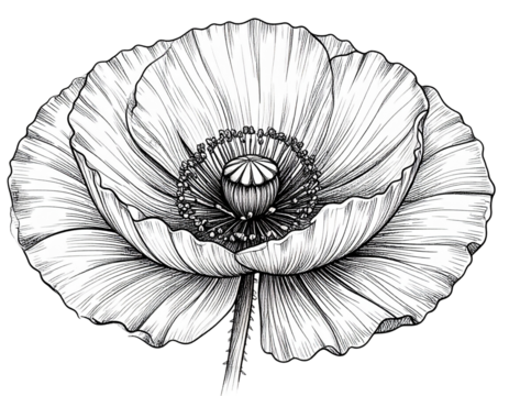 Detailed Black Ink Line Art Illustration of Poppy Flower, isolated on transparent background