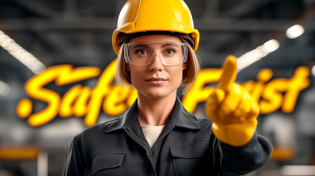 Safety officer wearing hard hat and protective gear raises finger in warning gesture. Industrial background emphasizes safety theme